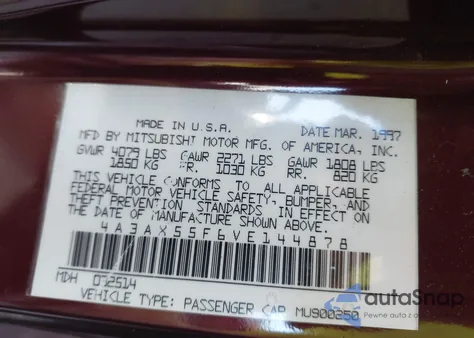 1997 Mitsubishi Eclipse Spyder Gst z USA, uszkodzony, nr VIN 4A3AX55F6VE144878